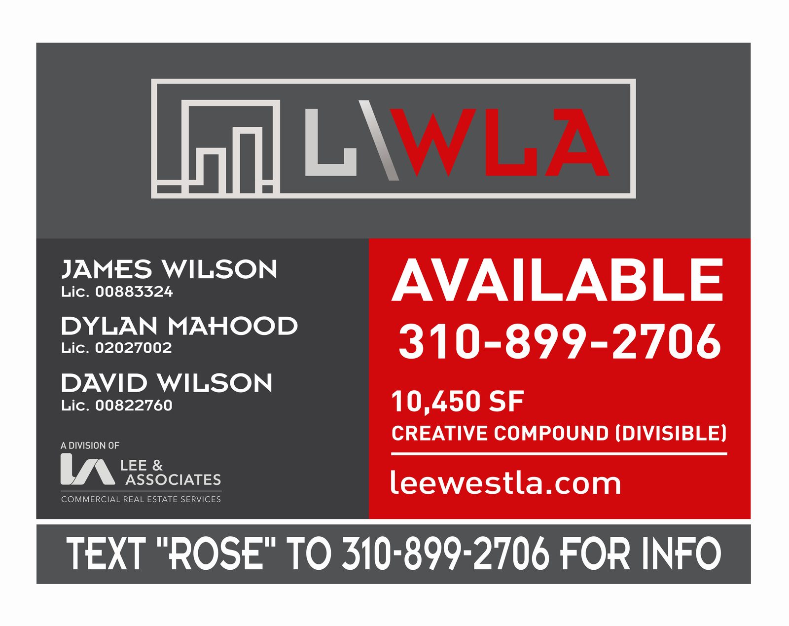 Lee & Associates West LA property sign rendering for 215 Rose showing the published business phone number and text invitation
