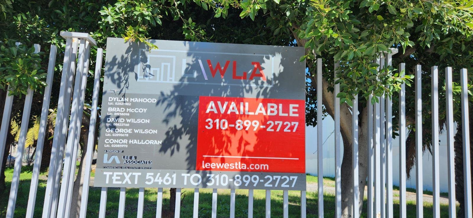 Lee & Associates West LA commercial real estate property sign with TEXT 5461 TO 310-899-2727 invitation